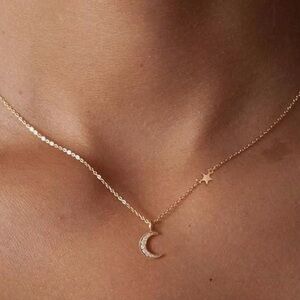 Gold crystal moon 🌙 star ⭐️ necklace charm jewelry dainty choker chain galaxy